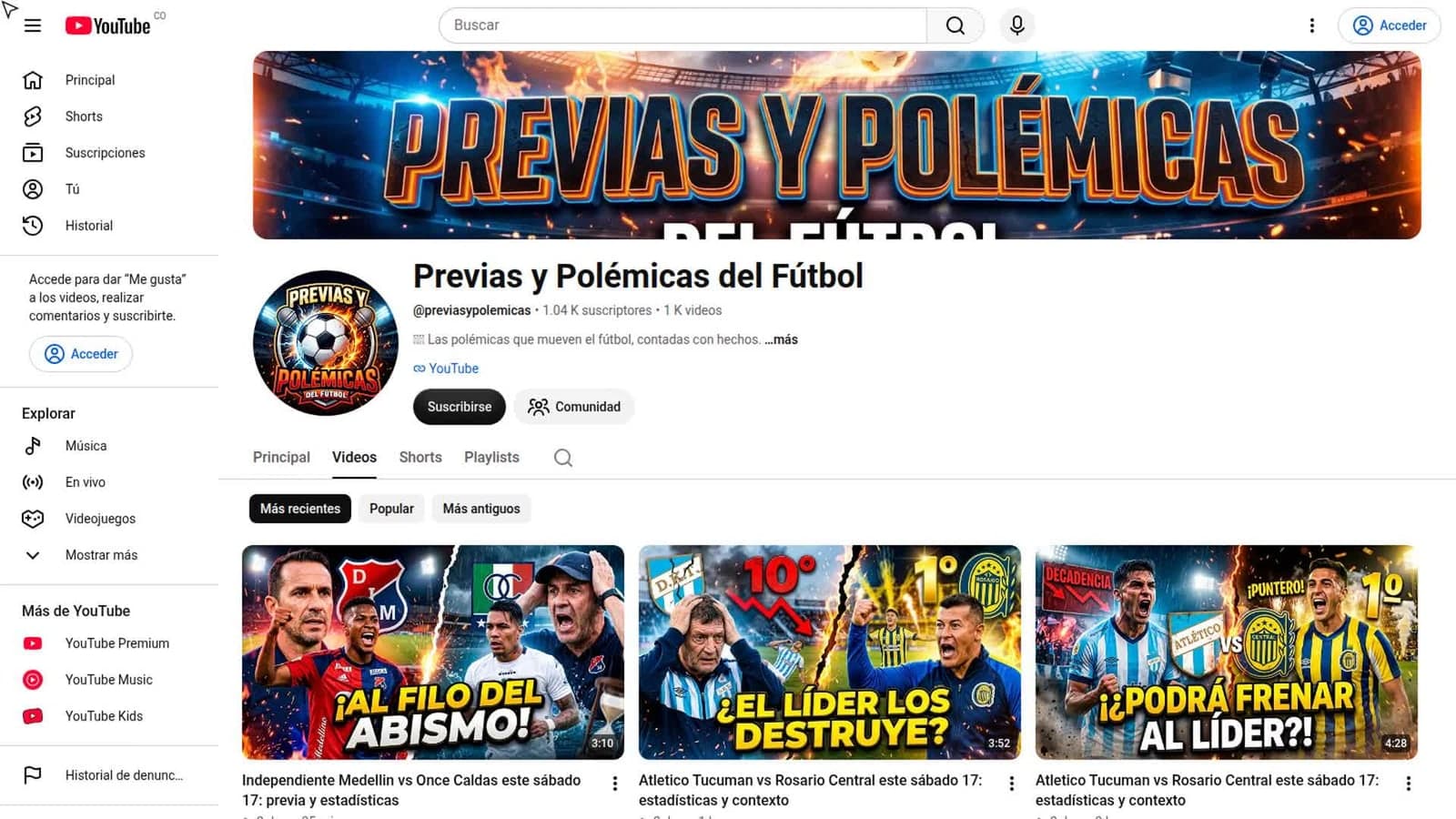 Canal Previas y Polémicas del Fútbol en YouTube, con 1,04 mil suscriptores y mil videos publicados
