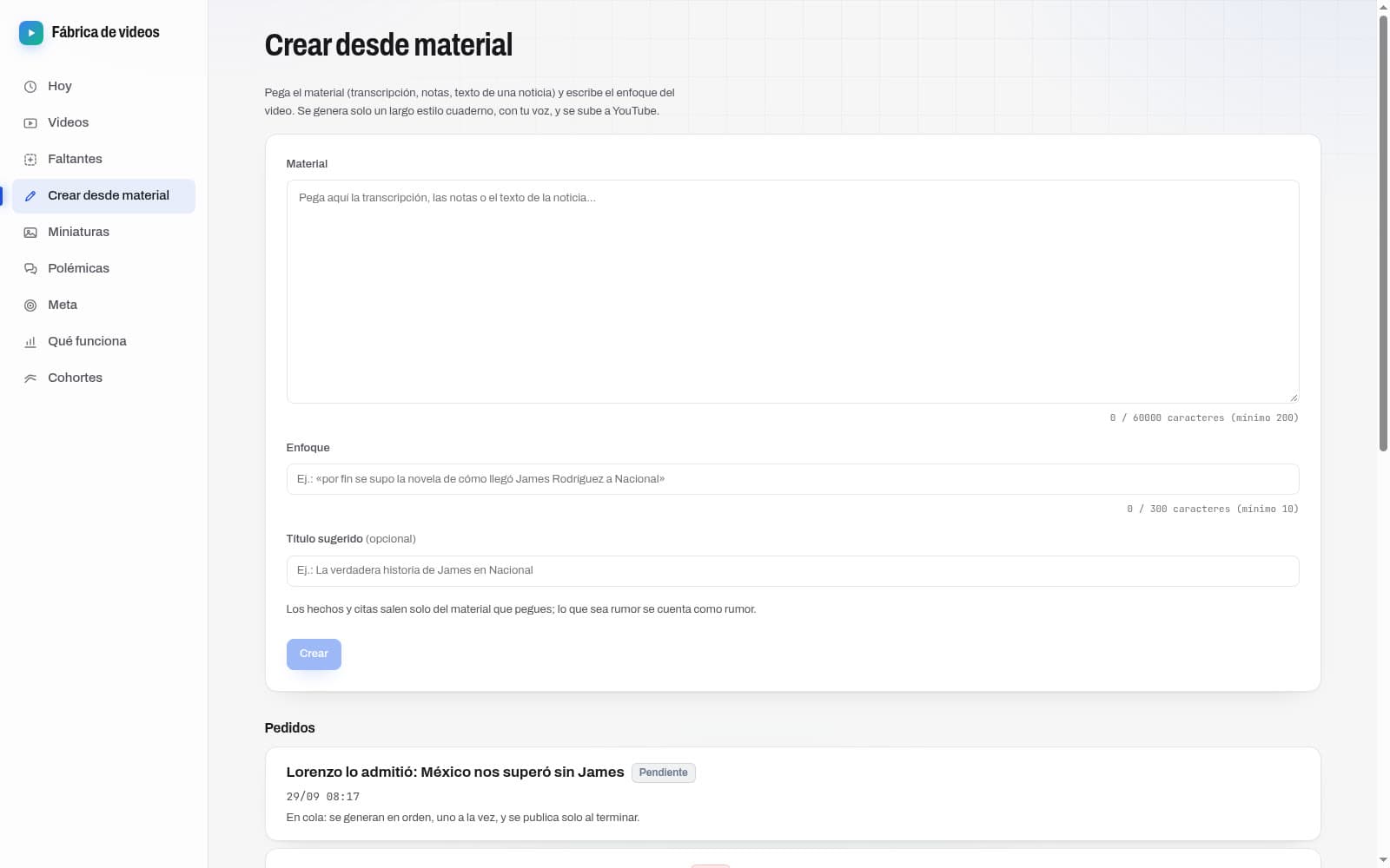 Formulario Crear desde material con los campos de material, enfoque y título sugerido, y la cola de pedidos debajo