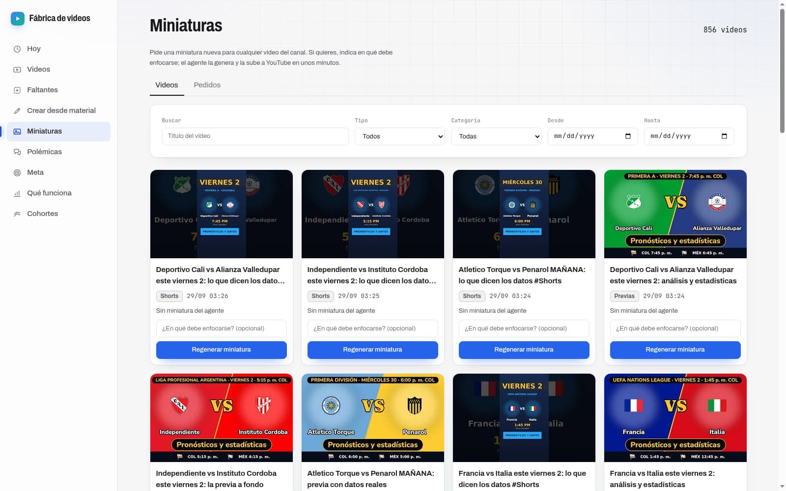Página de miniaturas con la cuadrícula de videos del canal y un botón Regenerar miniatura en cada uno