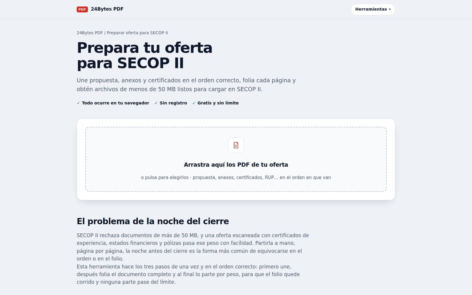 Herramienta para preparar una oferta del SECOP II: une, folia y parte el PDF