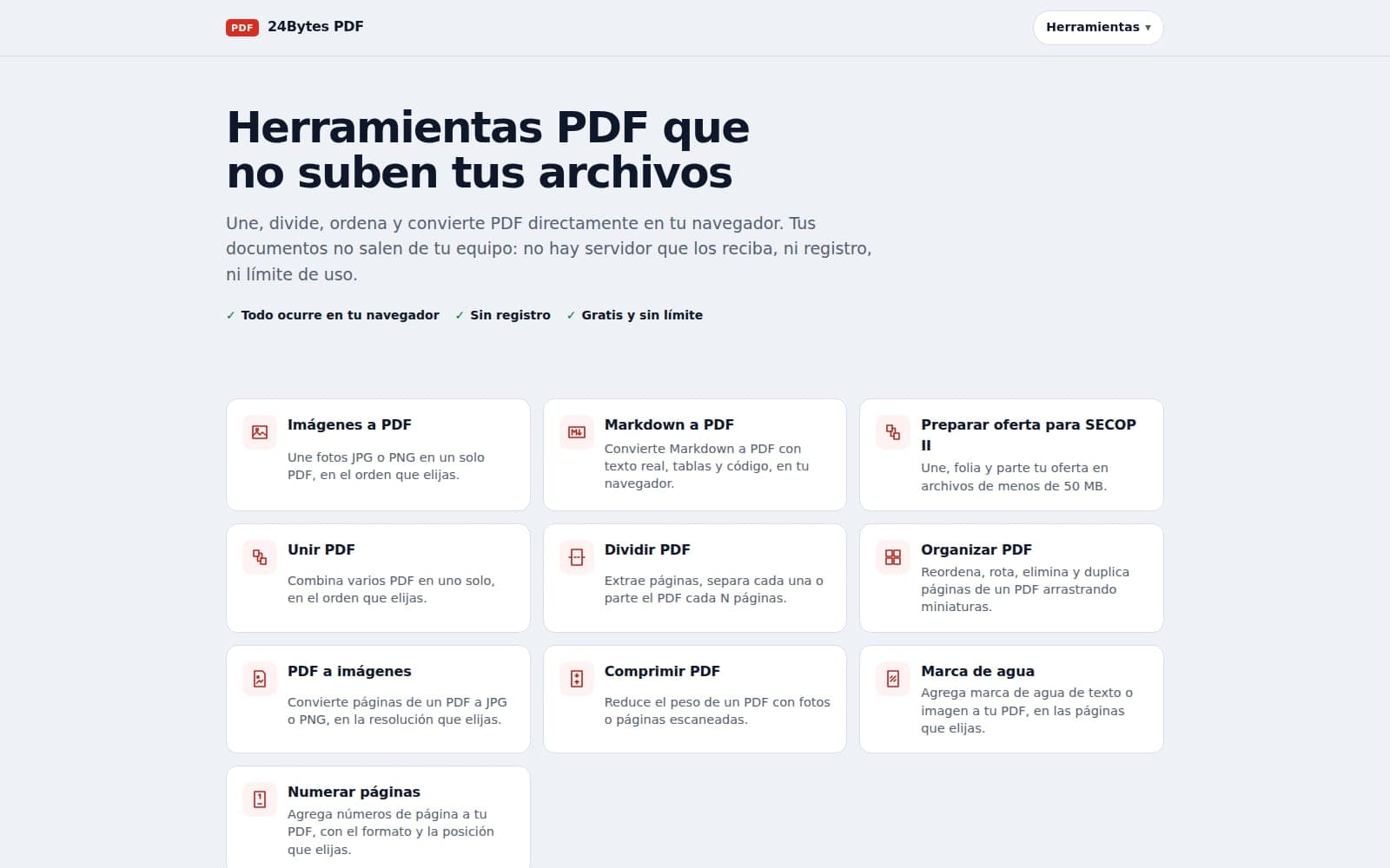 Portada de 24Bytes PDF con las diez herramientas en cuadrícula