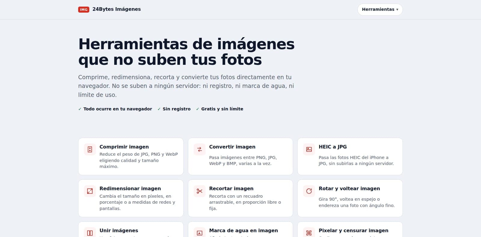Portada de 24Bytes Herramientas para imágenes, con la cuadrícula de utilidades