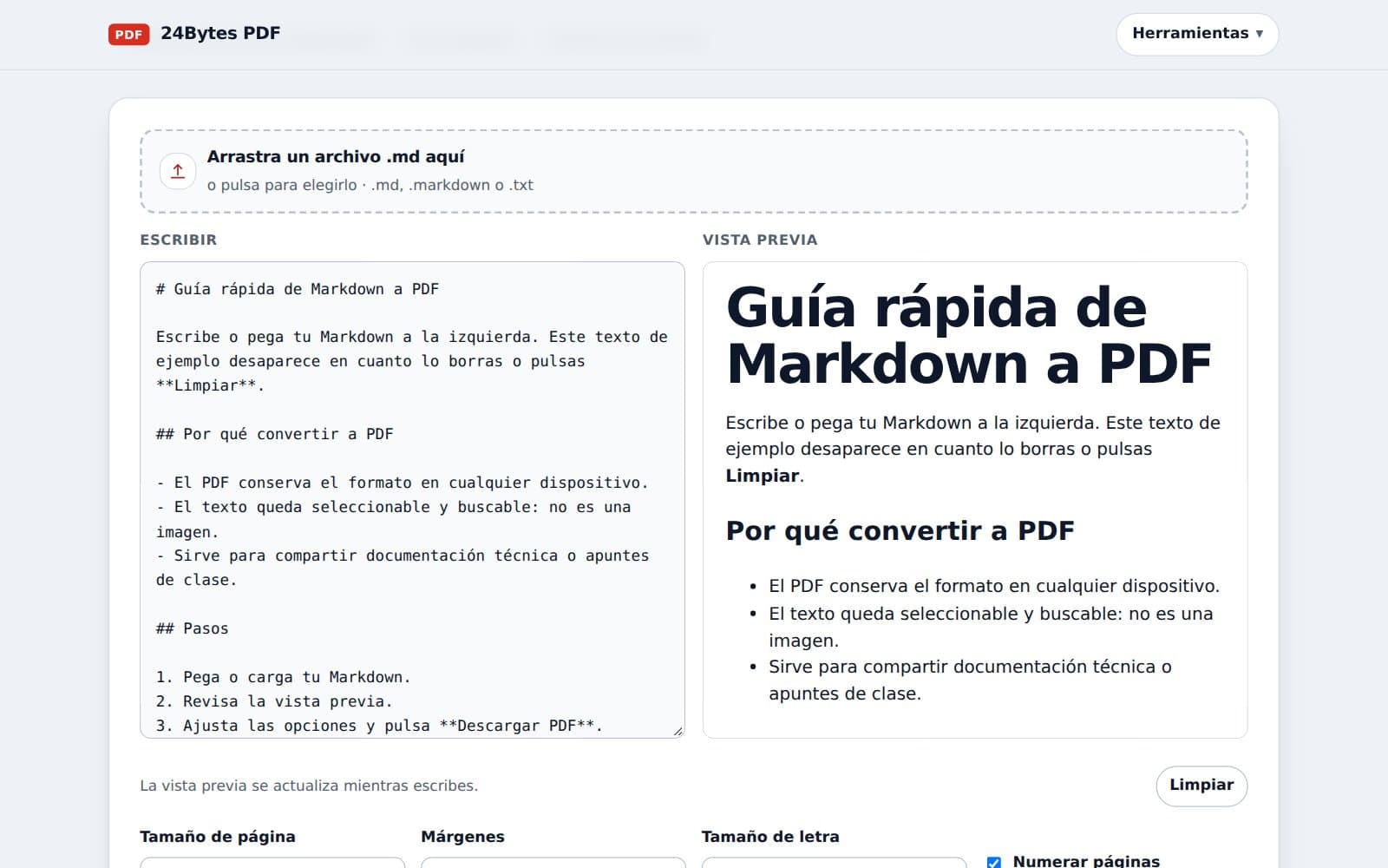 Herramienta Markdown a PDF con el editor a la izquierda y la vista previa a la derecha