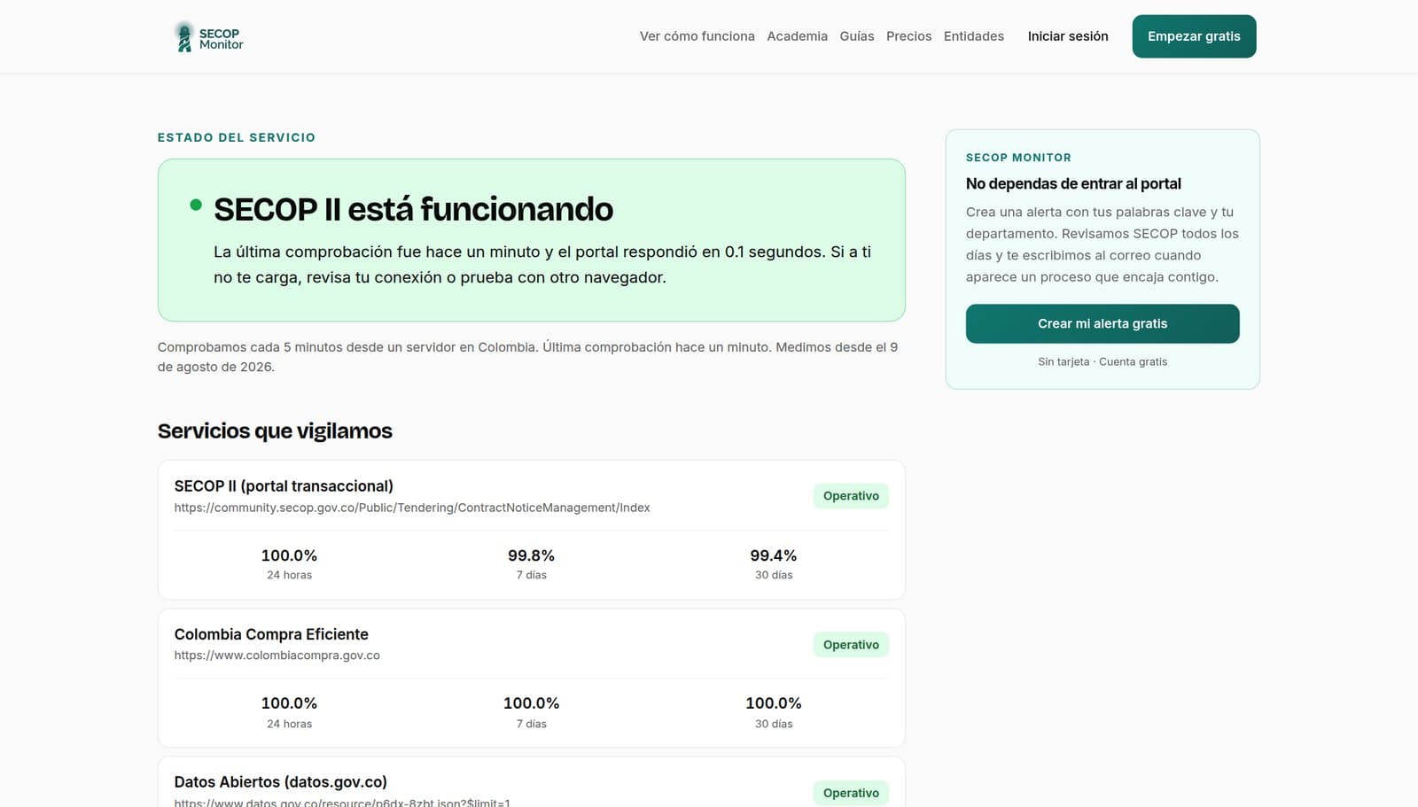 Página de estado que muestra si SECOP II, Colombia Compra Eficiente y datos.gov.co están operativos