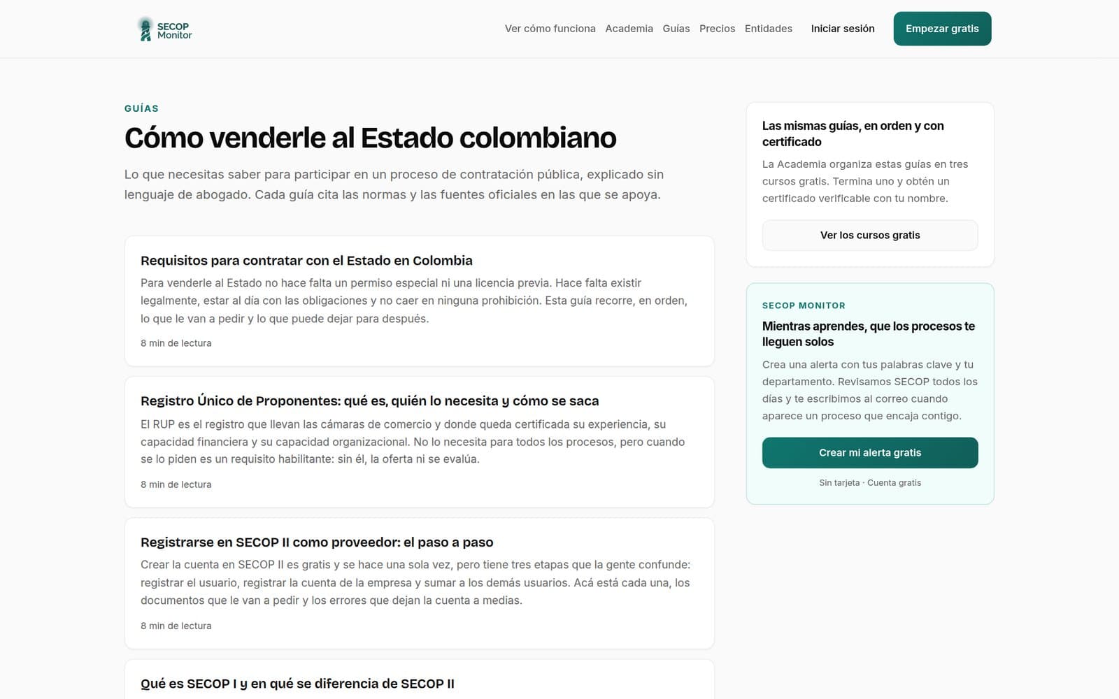 Listado de guías para proveedores del Estado en SECOP Monitor