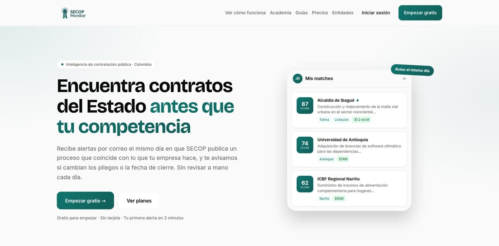 Portada de SECOP Monitor con un ejemplo del tablero de coincidencias